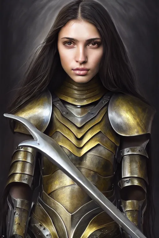 Prompt: a photorealistic painted portrait of an attractive young girl, partially clothed in metal-plated battle armor, olive skin, exotic appearance, long dark hair, flawless skin, beautiful bone structure, perfectly symmetric facial features, perfect photorealistic eyes, natural physique, intricate, elegant, digital painting, concept art, finely detailed, beautifully illustrated, sharp focus, minimal artifacts, from Metal Gear, by Ruan Jia and Mandy Jurgens and Artgerm and William-Adolphe Bouguerea, in the style of Greg Rutkowski, trending on Artstation, award winning art