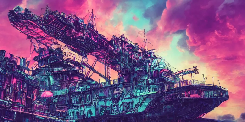 Prompt: punk big beautiful face, space, dungeon, pirate neon ship with punks on board, mohawks, neon, oil painting, pink, rich deep colors masterpiece, ultra detailed, contrast, heaven pink, lots of roman arches, punk rock with mohawks, clouds, sky, volumetric light, atmospheric lighting, dramatic, cinematic, moody, octane render 4 k, 8 k