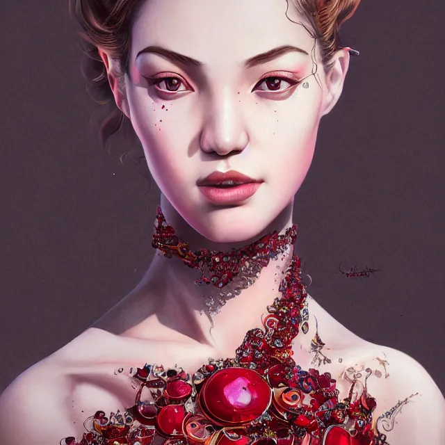 Prompt: studio portrait of absurdly beautiful, elegant, young woman made of rubies and red gems, ultrafine hyperrealistic detailed face illustration by kim jung gi, irakli nadar, intricate linework, sharp focus, bright colors, matte, octopath traveler, final fantasy, unreal engine highly rendered, global illumination, radiant light, intricate environment