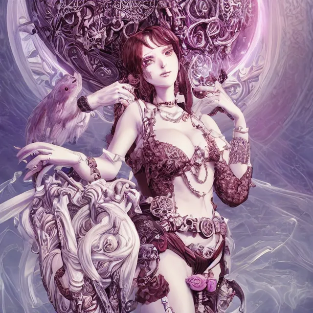 Image similar to the portrait of chaotic evil fallen sensual female necromancer overlord as absurdly beautiful, gorgeous, elegant young idol, an ultrafine hyperdetailed illustration by kim jung gi, irakli nadar, intricate linework, bright colors, octopath traveler, final fantasy, unreal engine 5 highly rendered, global illumination, radiant light, detailed and intricate environment