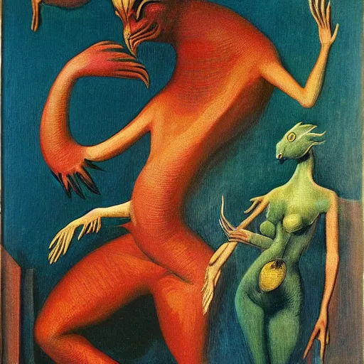 Prompt: a painting of a strange mythical beast with hands replaced by feet and the feet replaced with hands, in the style of Max Ernst