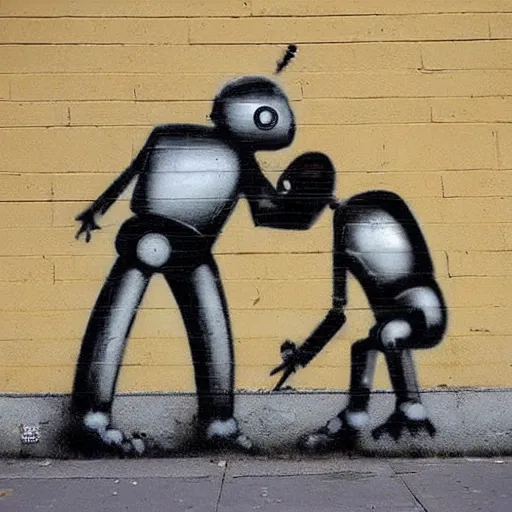 Image similar to robots kissing, street art, by banksy