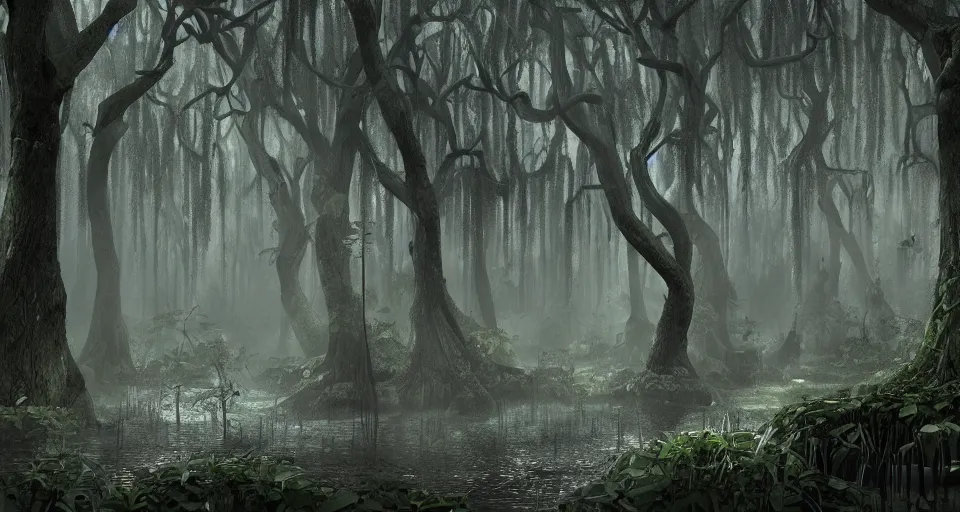 Prompt: A dense and dark enchanted forest with a swamp, by Fortiche Studio