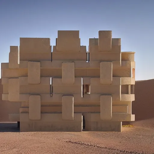 Prompt: big scale baby toy hotel in the dessert, brutalism