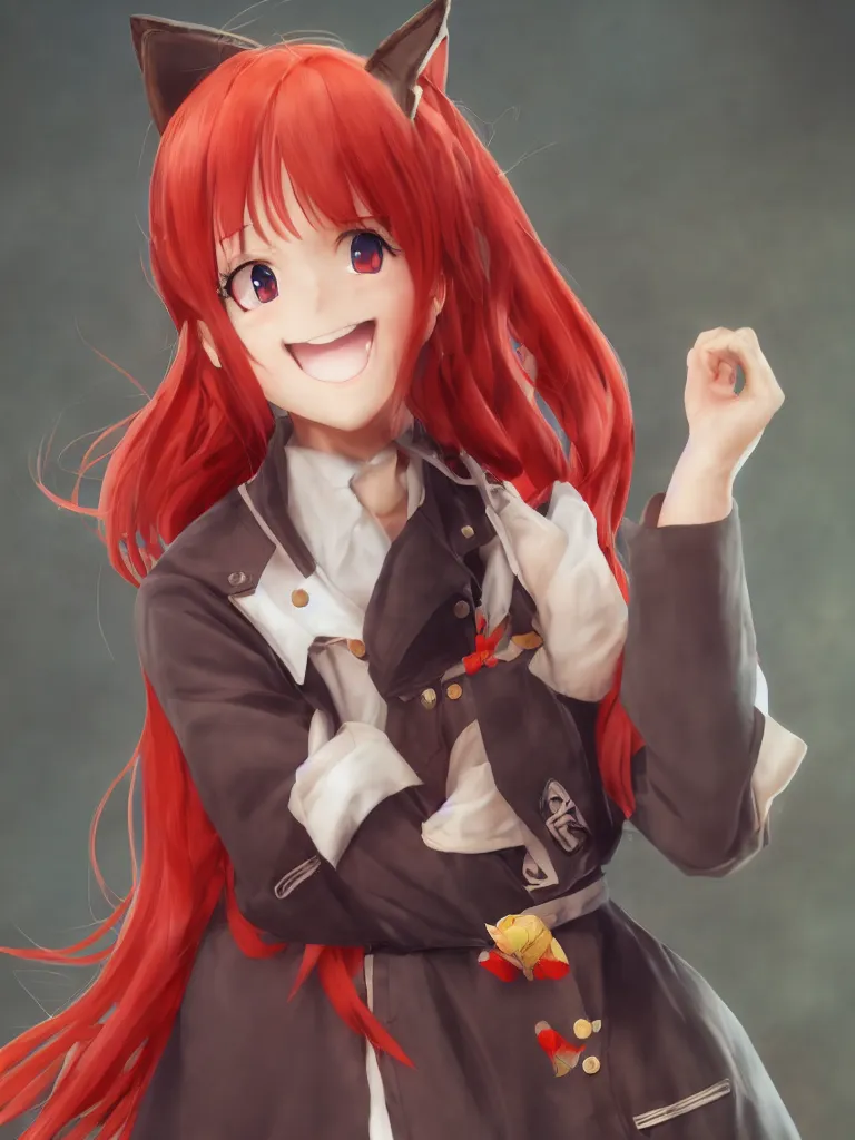 Prompt: photorealistic photograph of a beautiful anime smiling heroine with Red Hair and Fox Ears European decent wearing Soviet skirt and jacket, natural lighting,HDR, trending on artstation
