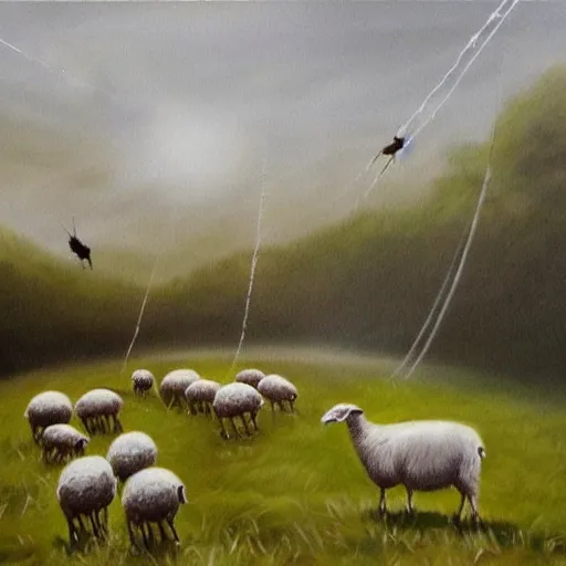 Image similar to a beautiful painting the sheep included a spider web, hyper realistic, one line, grey scale