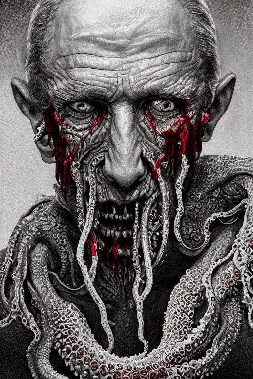 Image similar to realistic portrait of beautifully crystalized and detailed portrait of a zombie old man, tentacles, matte painting of cinematic movie scene red dragon, horror, created by gustave dore and greg rutkowski, high detailed, smooth draw, synthwave neon retro, intricate, realistic proportions, dramatic lighting, trending on artstation.