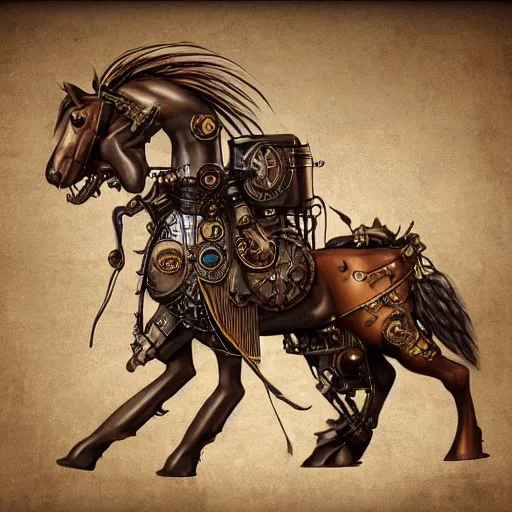 Image similar to steampunk horse in the 1 8 0 0 s, highly detailed digital art, trending on artstation, epic, extremely detailed