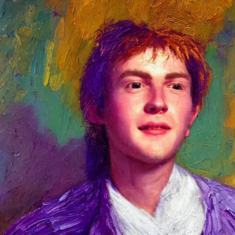 Prompt: Beautiful warmly lit close up studio portrait of a young androgynous!! Donald Trump age 23 smiling sweetly with purple hair, impasto oil painting heavy brushstrokes by Cy Twombly and Anselm Kiefer , trending on artstation dramatic lighting abstract Expressionism