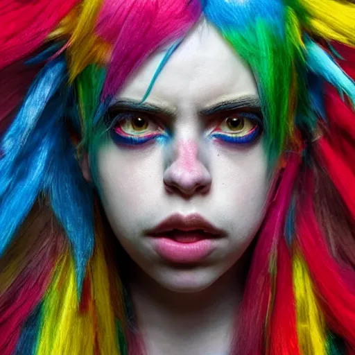 Prompt: 4K headshot of godlike Billie Eilish with defined arms and open hands and bloody clothes with giant mandala wings , intricate runny clown face make-up , flawless anime cel animation by Kentaro Miura, psychedelic , highly detailed upper body , professionally post-processed , beautiful, scary, symmetry accurate features, epic, octane rendered, anime masterpiece, accurate