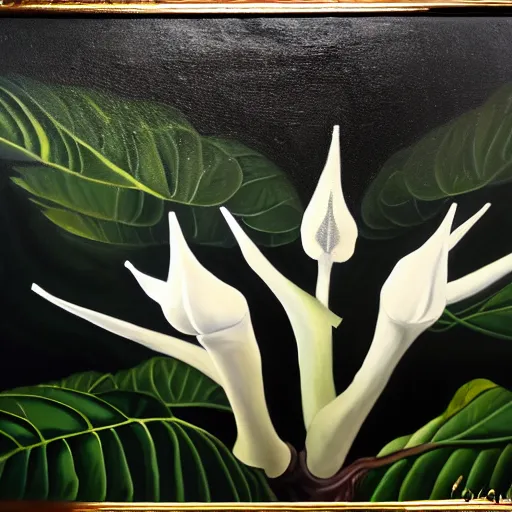 Prompt: oil painting of white brugmansia suaveolens flowers, dark background, with scary eyes looking out from the darkness