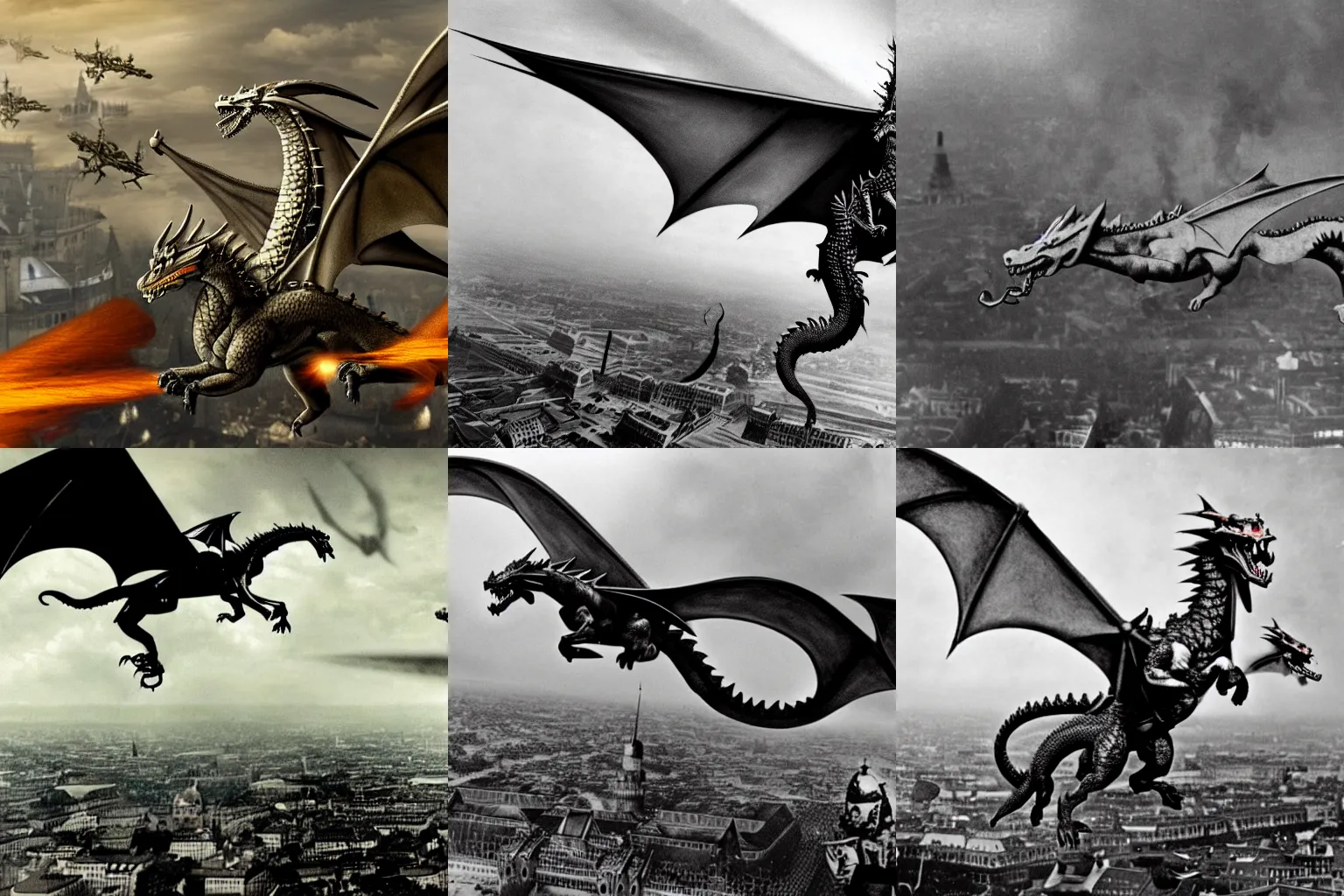 Prompt: Adolf Hitler riding a dragon flying over Berlin in WW2, award winning photo, 4k resolution, extremely detailed