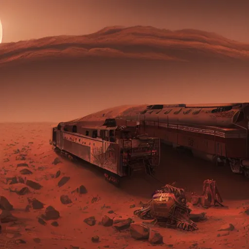 Image similar to an intricate, detailed matte painting of a train on mars, dusty, dramatic lighting, 4k, trending on artstation, by Greg Rutkowski