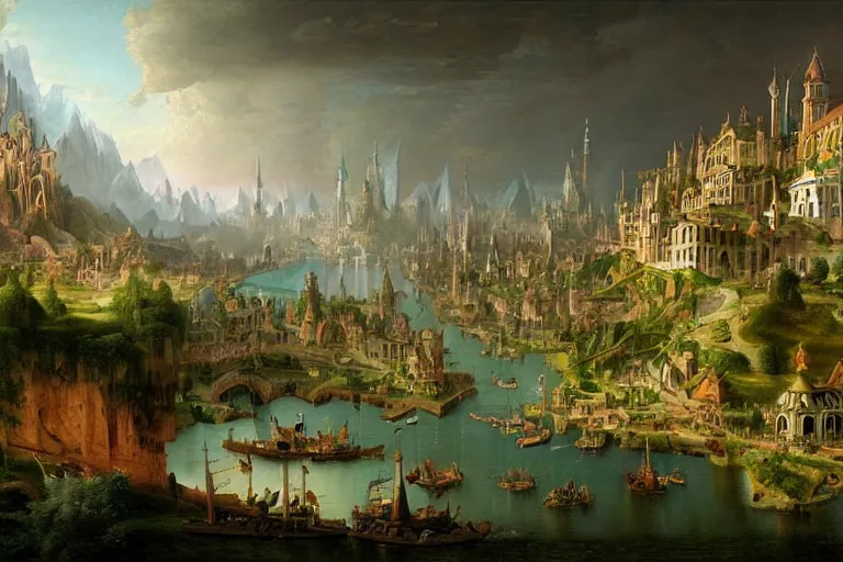 Image similar to a beautiful complex insanely detailed matte painting of a magical city on the river Styx by Heironymous Bosch and Bernardo Bellotto and Tyler Edlin and James Gurney