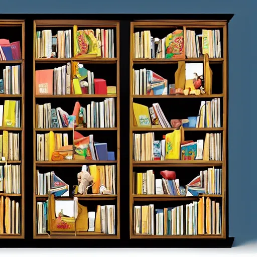 Image similar to enchanted bookshelves, in the style of colin thompson, highly detailed, playful fantasy