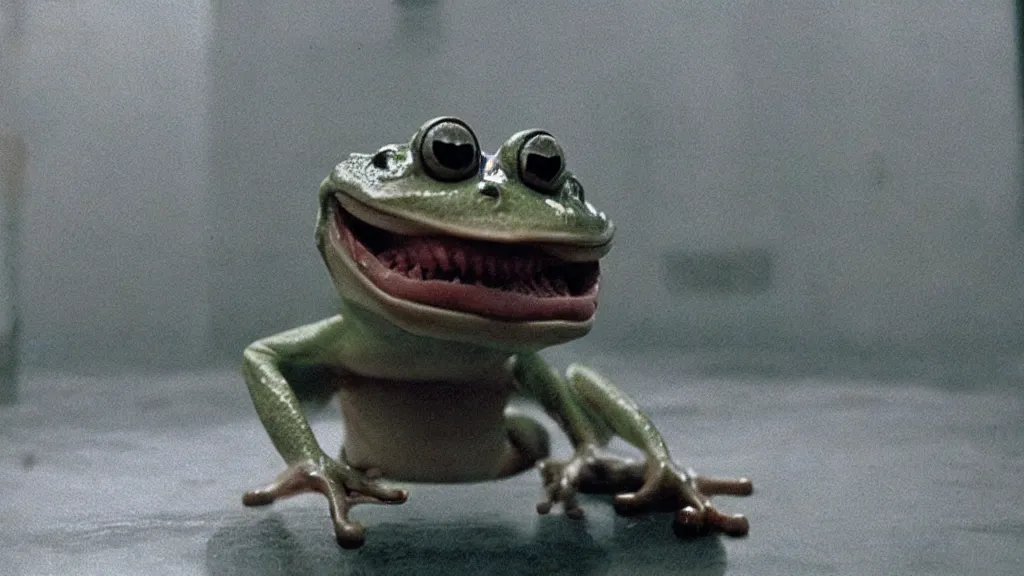 Prompt: A single anthropomorphic frog with a mouth full of sharp teeth laughing maniacally, a satanic ritual, by John Carpenter. Movie screenshot directed by Stephen Spielberg, and cinematography by Roger Deakins. Shot from a low angle. Cinematic.