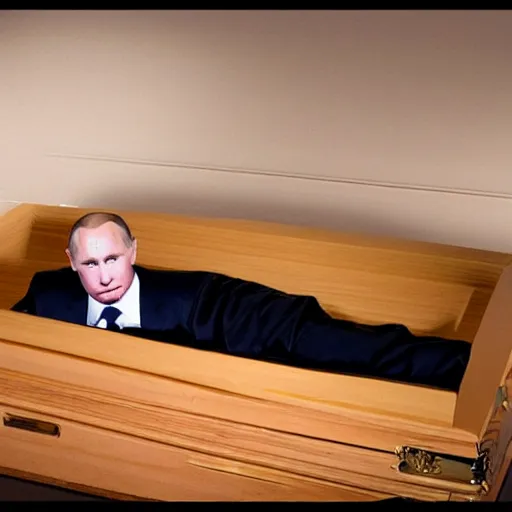 Image similar to sad dead Putin lies in a coffin. dramatic lighting, award winning studio photo