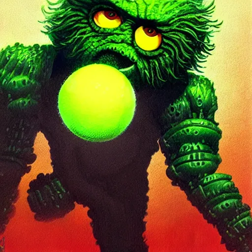 Prompt: a tennis ball monster , digital art, fantasy, magic, cyborg, sci-fi, trending on artstation, ultra detailed, professional illustration by Basil Gogos