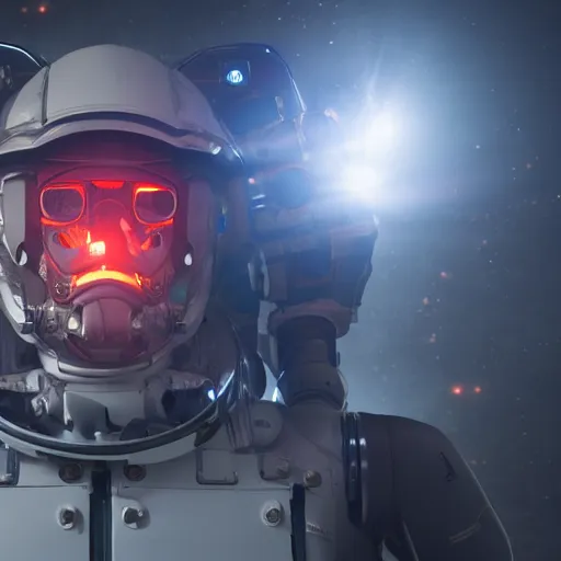 Image similar to front-facing portrait of a mecha astronaut entering hell with a broken air ship, cinematic lighting, epic