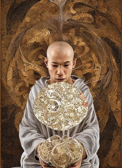 Image similar to portrait of a meditating machine monk cyborg wrapped in sacred scrolls, imari, fractal, in the style of the matrix, intricate ornaments, elegant, highly detailed, digital photography, subsurface scattering, by jheronimus bosch and greg rutkowski,