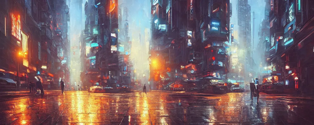 Image similar to an epic painting of the city street, oil on canvas, cold colors, perfect composition, golden ratio, beautiful detailed, photorealistic, digital painting, artstation, concept art, smooth, sharp focus, illustration, cyberpunk background, artstation trending, octane render, unreal engine