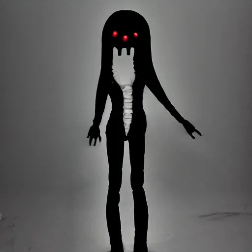 Image similar to a female horror humanoid made out of black string standing in a white room with dark lighting