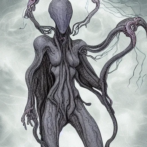 Image similar to concept designs for an ethereal wraith like figure with a squid like parasite latched onto its head and long tentacle arms that flow lazily but gracefully at its sides like a cloak while it floats around a forgotten kingdom in the snow searching for lost souls and that hides amongst the shadows in the trees, this character has hydrokinesis and electrokinesis for the resident evil village video game franchise with inspiration from the franchise Bloodborne and the mind flayer from stranger things on netflix