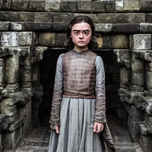 Prompt: young arya stark, photograph 3 5 mm, shot from game of thrones, at borobudur, official media