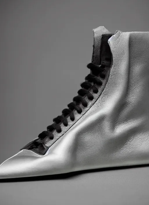Image similar to hyperrealistic and heavy detailed product photo rick owens avant garde shoe of batman, in front of white back drop, whole shoe is in picture, leica sl 2 5 0 mm, vivid color, high quality, high textured, real life