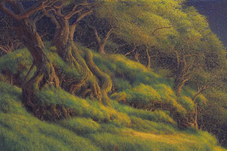 Image similar to masterpiece painting of oak trees on a hillside overlooking a creek, dramatic lighting, by donato giancola