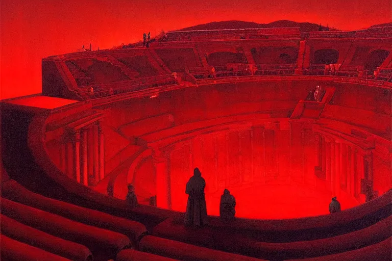 Image similar to only with red, a red melted emperor, taormina amphitheatre, crowd hails him, in the style of beksinski, parts by edward hopper, parts by rodcenko, parts by yue minjun, intricate and epic composition, red by caravaggio, insanely quality, highly detailed, masterpiece, red light, artstation, 4 k