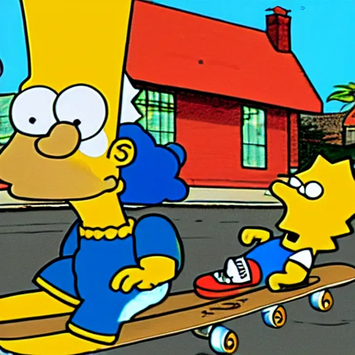 Prompt: bart simpson jumping over homer on his skateboard in the style of bill plympton 4 k