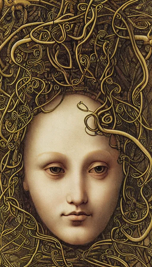 Prompt: very detailed portrait of a 2 0 years old girl surrounded by tentacles, the youg woman visage is blooming from fractal and vines, by leonardo da vinci