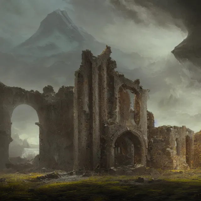 Prompt: a beautiful painting of a ruin in the iceland by elson peter and greg rutkowski and thomas kinkade. in style of concept art. 4 k texture. ray tracing. sharp lines, hyper detailed. octane render. trending on artstation