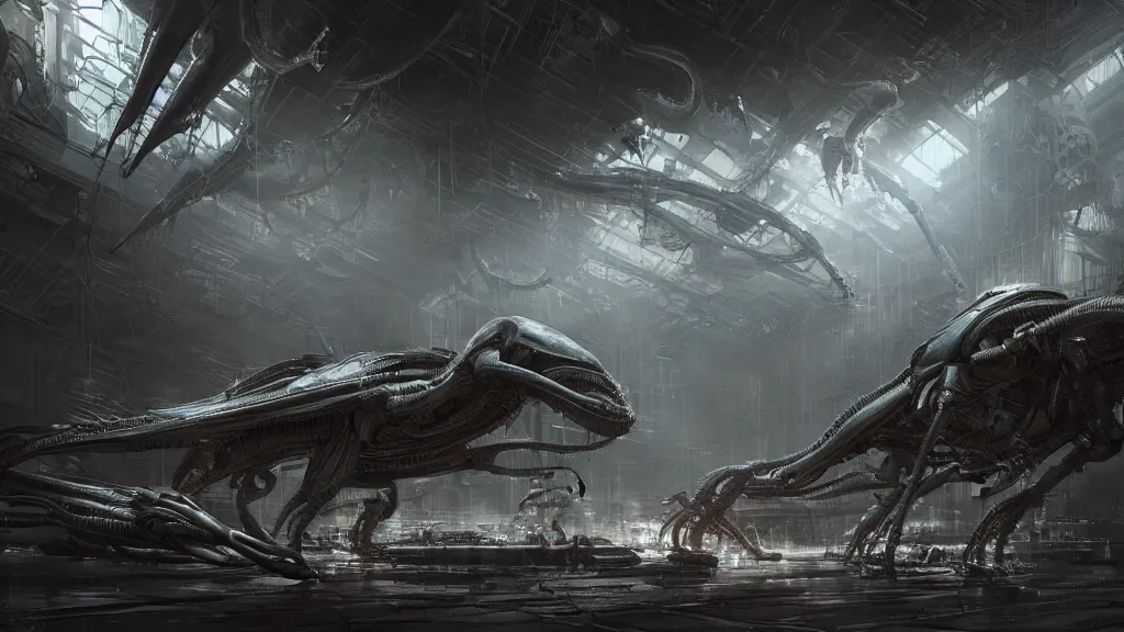 Prompt: a Photorealistic dramatic hyperrealistic,hyper detailed render by Greg Rutkowski,Craig Mullins,Nicolas Bouvier SPARTH, ILM of an Epic Sci-Fi, Gigantic Alien xenomorph spaceship inside huge interior hangar,intricate bio mechanical surface details,many tubes and cables hanging from the ceiling,Beautiful dynamic dramatic moody lighting,contrast and shadows,Volumetric,Cinematic Atmosphere,Octane Render,Artstation,8k