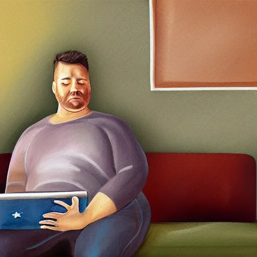 Prompt: a beautiful complex painting of an american man sitting in this couch using his laptop and he is very fat digital painting