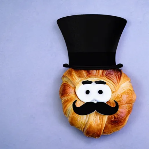 Prompt: croissant with a top hat and a mustache