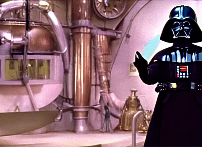 Prompt: film still of Darthvader in Willy Wonka's and the Chocolate Factory 1971
