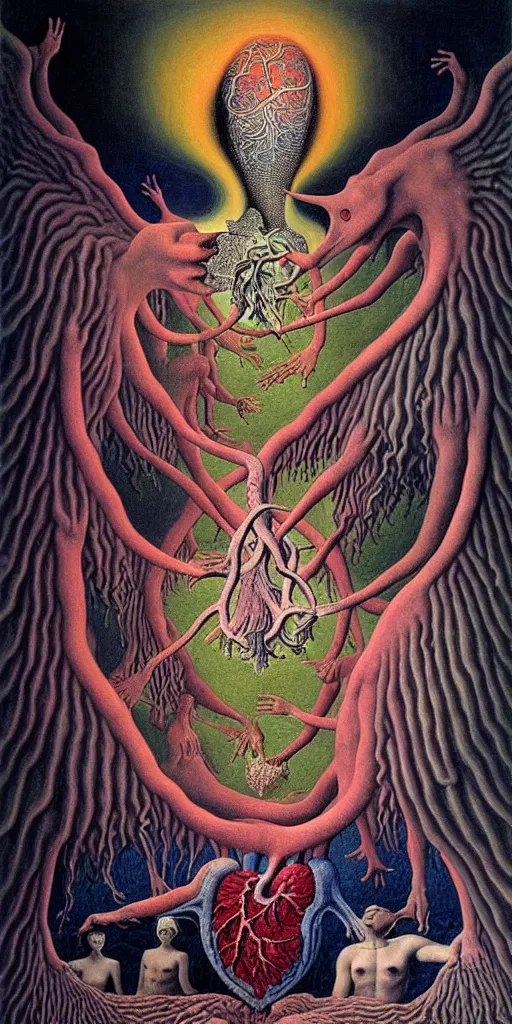 Prompt: mythical creatures and monsters in the visceral anatomical human heart imaginal realm of the collective unconscious, in a dark surreal painting by johfra, mc escher and ronny khalil