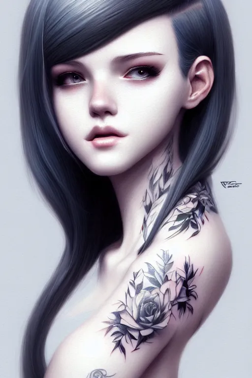 Image similar to teen girl, few speckle skin, tatoo, white hair, gorgeous, amazing, elegant, intricate, highly detailed, digital painting, artstation, concept art, sharp focus, illustration, art by Ross tran and kuvshinov