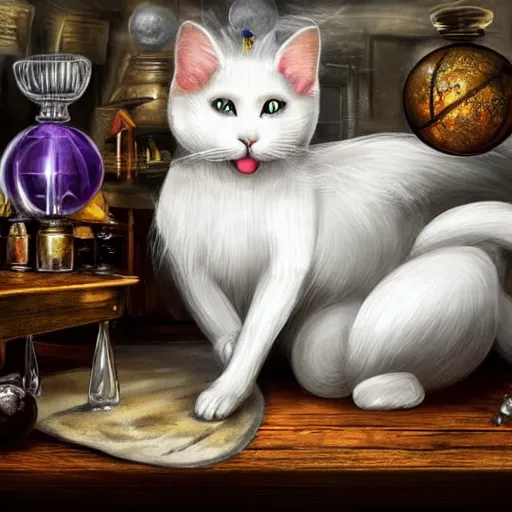 Image similar to a full body beautifull witch with white hair in an old room a cristal ball in a wood table with a potions and old instruments in the floor a white cat licking his paw in a fantasy style paiting