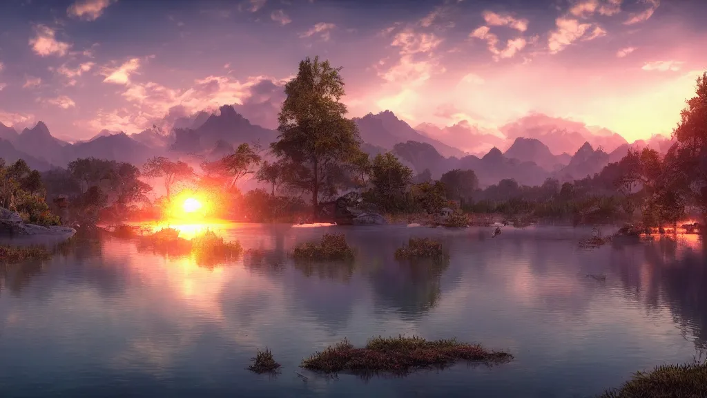 Image similar to amazing landscape with lake in sunset, fantasy artwork, very very very beautiful scenery, hd, hdr, ue5, ue6, unreal engine 5, cinematic 4k wallpaper, 8k, ultra detailed, high resolution, artstation, award winning