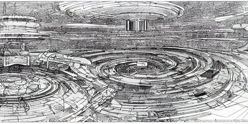 Image similar to architectural overview of a science fiction space port, drawn by James Joyce, in the style of Moebius