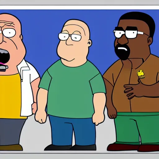 Image similar to Walter White, kanye west and Peter griffin in the style of Family Guy, cartoon