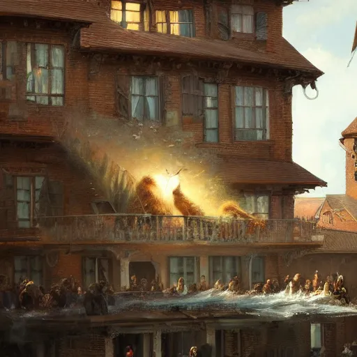 Image similar to a highly detailed oil painting of a giant cat smashing houses, renaissance, bystanders watching from the sides, 4 k, by greg rutkowski, artstation,