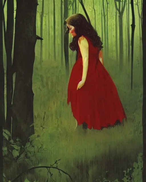 Prompt: a girl wearing red lost in the dark woods, 1 9 7 0 s, seventies, wallpaper, delicate embellishments, painterly, offset printing technique, by john howe, brom, robert henri, walter popp