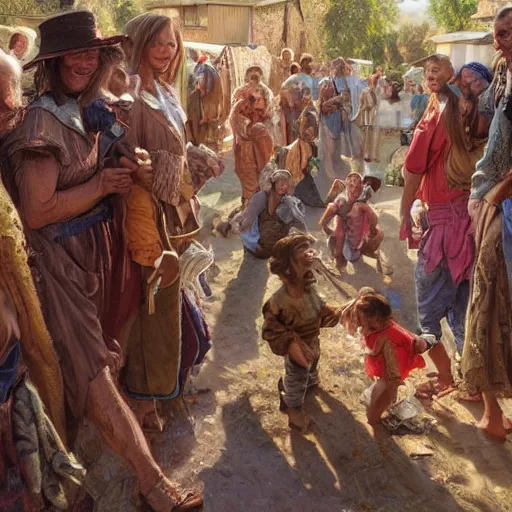 Image similar to an portrait of happy citizens living in an poor village, highly detailed, centered, digital painting, artstation, concept art, donato giancola, Joseph Christian Leyendecker, WLOP, Boris Vallejo, Breathtaking