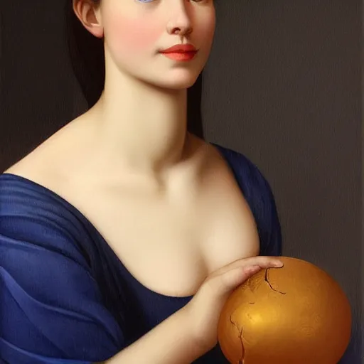Prompt: full body portrait of a beautiful woman with blue eyes, gentle round face, with a bright smile, long dark hair, dark background, highly detailed, deep focus, elegant, digital painting, smooth, sharp focus, golden ratio, illustration, ultra realistic, 8 k, art by artemisia lomi gentileschi and caravaggio