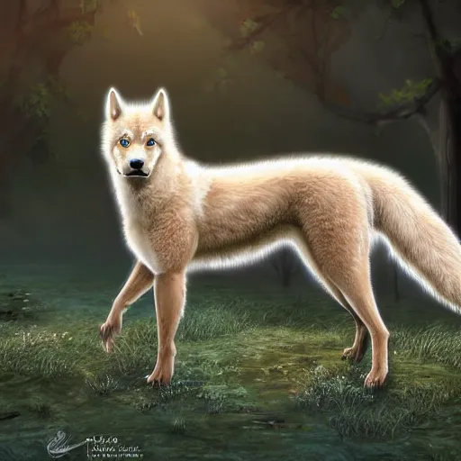 Prompt: professional stylized full - body digital art of a side profile of a cream tibetan wolf, tan and light brown accents, fluffy, falling leaves, hd, 8 k, highly detailed, high quality, cute