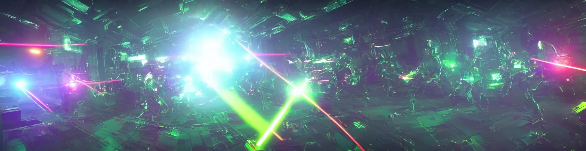 Prompt: futuristic spacemen firing lasers in zero gravity, skintight suits, floating polygon shapes as obstacles, surrounded by a laser grid, unreal engine, lensflare, glow, bloom, neon